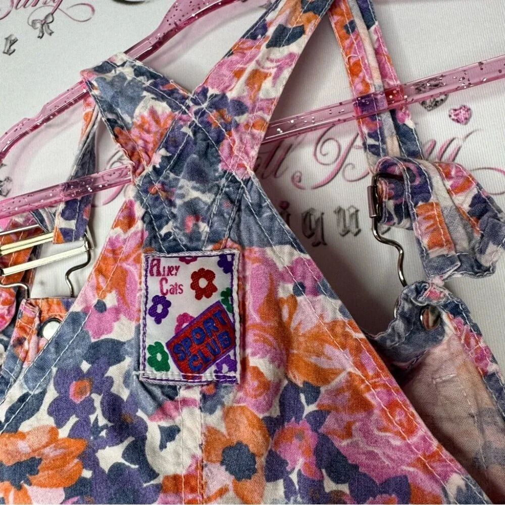 Alley cats overalls kids vintage floral flowers 💐 purple orange blue pink white